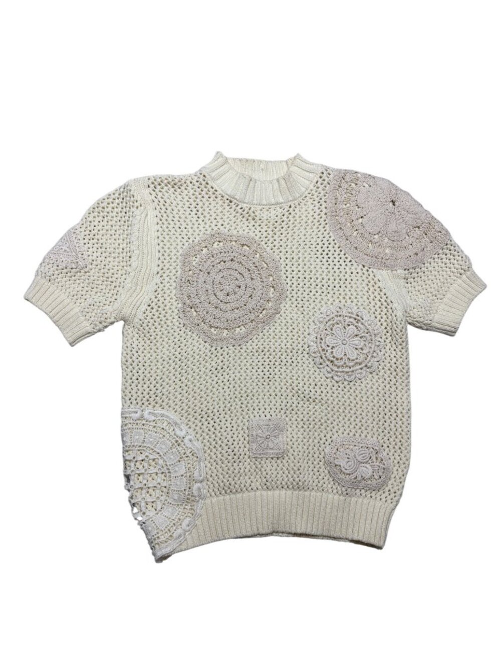 Torn By Ronny Kobo Cream Crochet Knit Short Sleeve Sweater Cotton Blend-sz XS